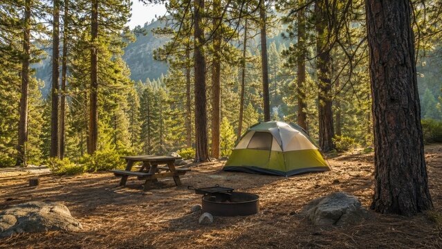 Green and gray dome tent pitched at a forest campsite with picnic table, fire ring, tall pine trees and sunlit mountain backdrop