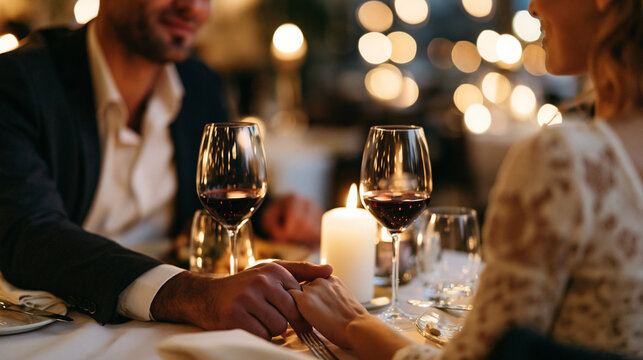 Couple enjoying a romantic dinner date with wine at an elegant restaurant, highlighting love, connection, relationship, intimacy, celebration and memorable moments together