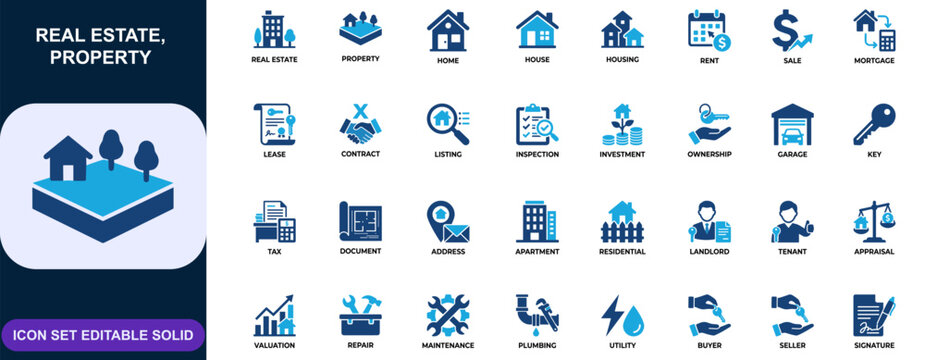 Real Estate and Property Management Icon Set. Home sale, rent listing, mortgage loan, lease agreement, contract signing, inspection report, garage, tax document. Editable icons collection. Vector.