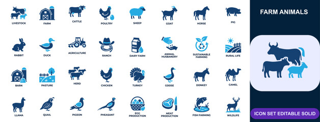 Farm animals livestock icon set. Cattle, poultry, sheep, goat, horse, pig, rabbit, duck, sustainable agriculture, ranch farming. Editable icons collection. Vector. © Senoara Studio