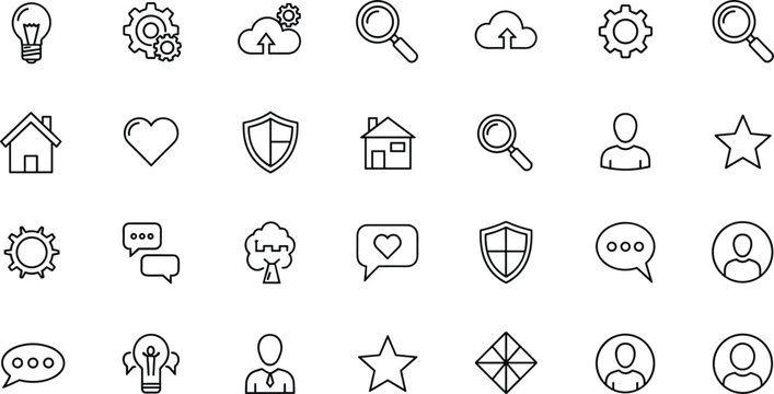 PrintVector illustration of essential web and UI thin line icon set with settings cloud search home chat user and security symbols isolated on white background