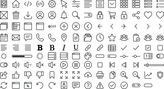 Universal User Interface and Web Navigation Line Icon Set with Core App Controls, Essential Settings, Typography, and Multimedia Player Symbols