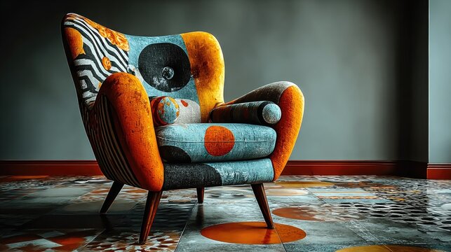 Artistic patterned armchair on patterned tile floor background