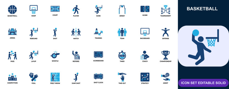 Basketball icon set for professional sport competition and training. Hoop, court, player, dunk, jersey, score, tournament, arena. Editable icons collection. Vector.