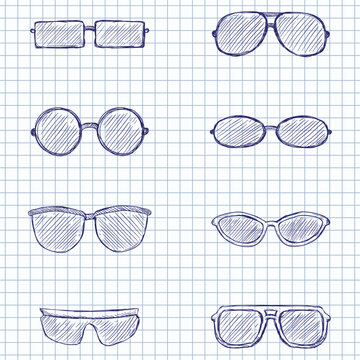 Vector Set of Blue Sketch Eyeglasses Icons.