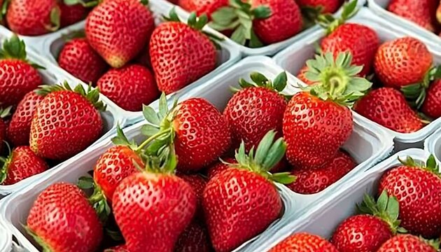 Fresh red strawberries in white plastic containers sitting on display at a local farmers market.