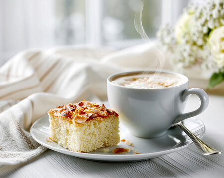 Almond Cake with Coffee in Bright Morning Light &ndash; AI Generative