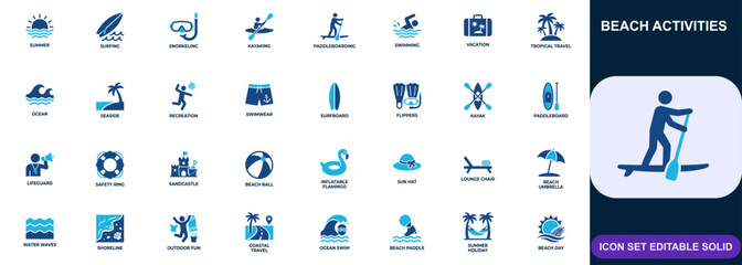 Beach activities icon set. Summer vacation, surfing, snorkeling, kayaking, paddleboarding, swimming, tropical travel, seaside recreation. Editable icons collection. Vector. © Senoara Studio