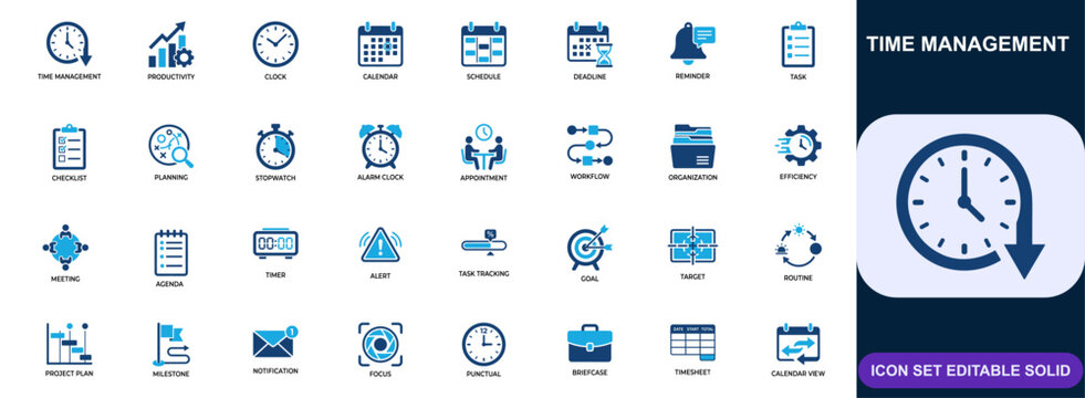 Time management and productivity icon set. Clock, calendar, schedule, deadline, reminder, task tracking, workflow planning, appointment control. Editable icons collection. Vector.