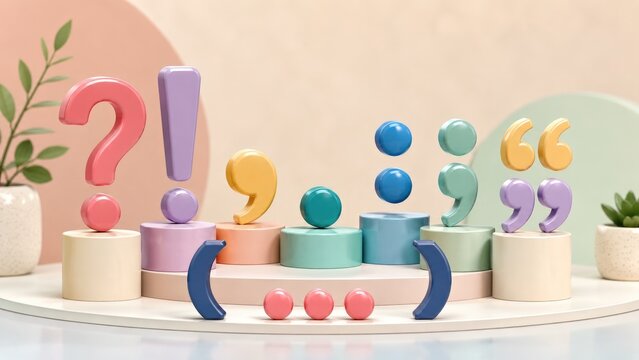 Colorful 3D punctuation symbols displayed on pastel pedestals in a playful modern studio scene
