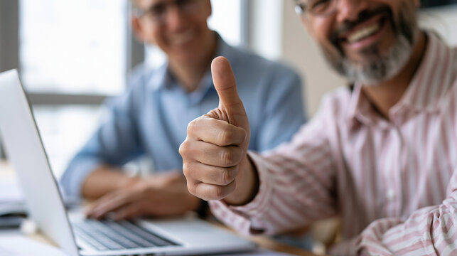 Happy client giving a thumbs up during a business meeting, representing customer satisfaction, positive feedback, trust, successful service, professional relationships and business approval