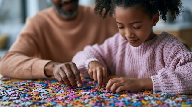 Parent and child solving a colorful puzzle together, supporting kid education, cognitive development, problem solving, learning skills, concentration, family bonding and early childhood growth