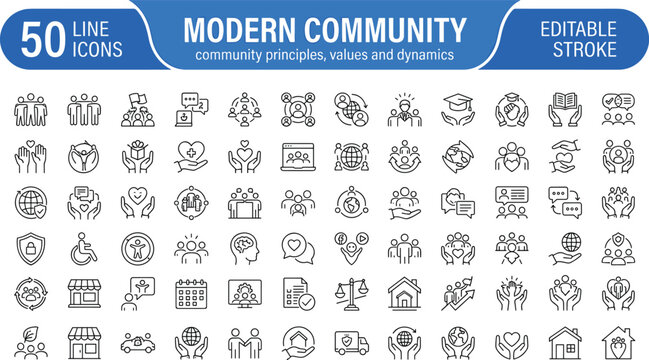 Modern community line icons set featuring society teamwork charity diversity family global values and connection vector