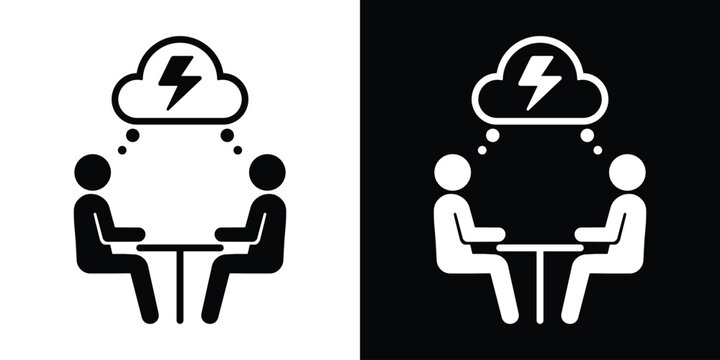 Two people at a T-shaped table discussing under a lightning cloud symbol. Vector illustration.