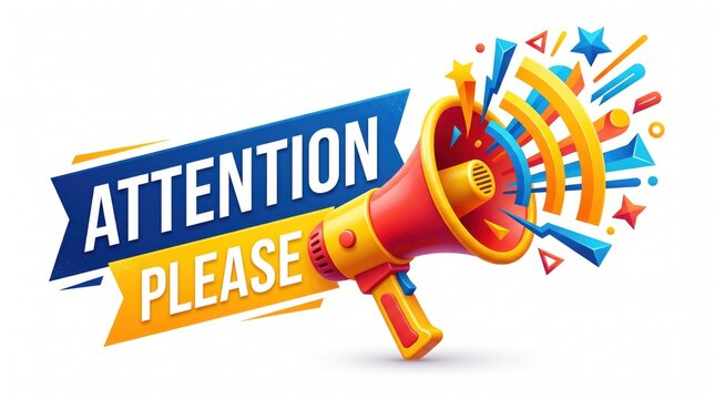 Vibrant megaphone announcement with colorful confetti and attention please text