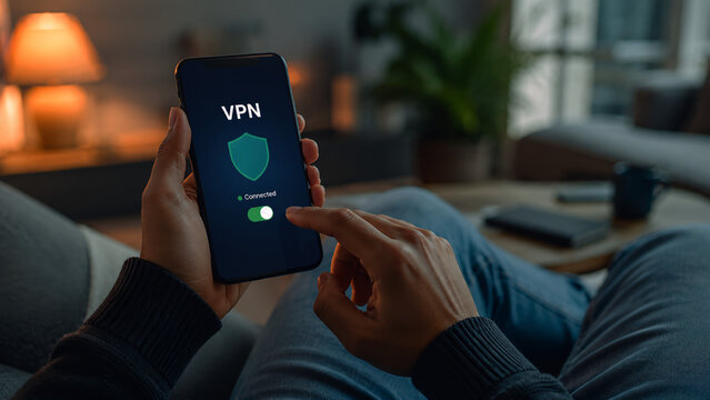 Man Connecting to Secure VPN Network on Smartphone at Night, Mobile Cyber Security Proxy App, Data Privacy Protection, Private Internet Access Virtual Private Network, UI Screen Connection