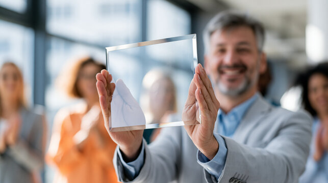 Successful professional holding an award trophy and celebrating career achievement, leadership, recognition, workplace excellence, business success, employee appreciation and professional growth