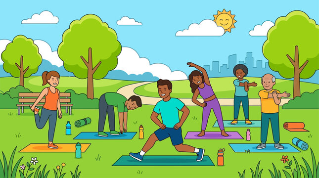 Groupe de personnes diverses faisant des exercices de yoga et d'&eacute;tirement dans un parc public ensoleill&eacute;.