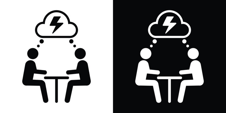 Two people at a T-shaped table discussing under a lightning cloud symbol. Vector illustration.