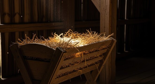 Wooden manger with glowing hay inside dark stable.