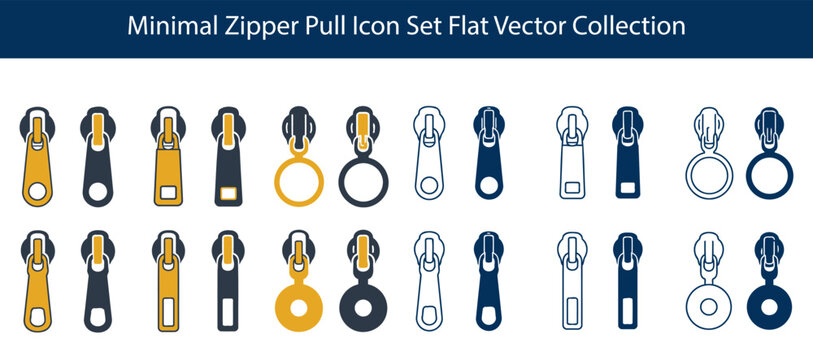Minimal zipper pull icon set flat vector collection