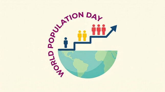 World Population Day conceptual illustration, global demographic growth chart with people icons on stairs, planet earth and rising arrow graphic