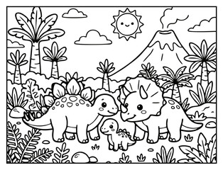 Dinosaur Family Coloring Page for Kids with Volcano © Adhinatha