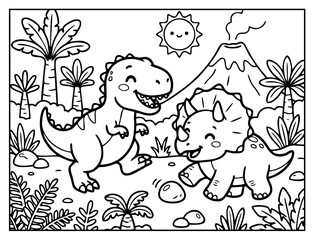 T-Rex and Triceratops Dinosaur Coloring Page for Kids © Adhinatha