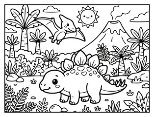 Stegosaurus Dinosaur Coloring Page with Volcano for Kids © Adhinatha