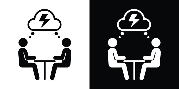 Two people at a T-shaped table discussing under a lightning cloud symbol. Vector illustration.