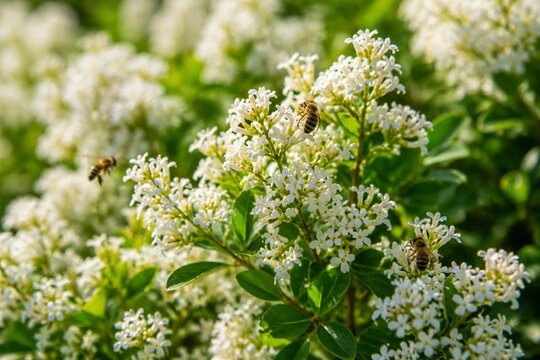 Dense privet shrub blooming with tiny white flowers, bees collecting nectar.