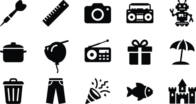Set of miscellaneous common objects and activities glyph icons