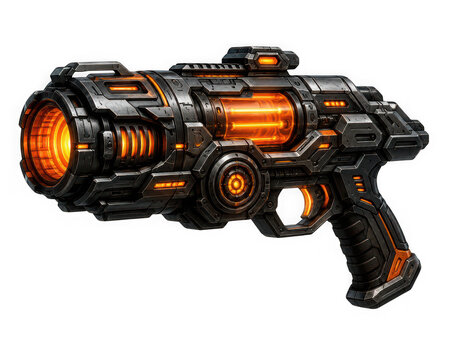 Futuristic scifi energy blaster gun with glowing orange plasma elements isolated on transparent background