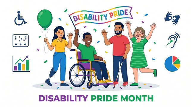 Disability Pride Month celebration banner, diverse group of people with disabilities holding flag, inclusive community representation with wheelchair and prosthetic leg