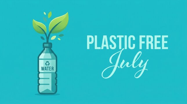 Plastic Free July environmental campaign banner, green plant growing from water bottle, eco friendly sustainability concept illustration