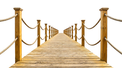 Naklejka premium Long wooden pier with rope railing isolated on white background