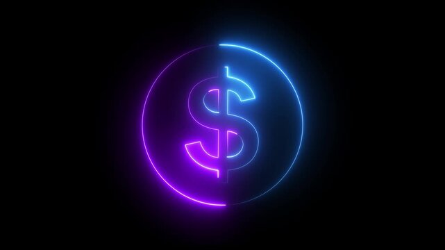 Neon dollar sign glowing in blue and purple light on black background