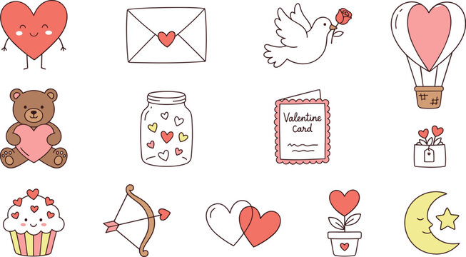 Cute Valentine Day doodle icon set with romantic elements including teddy bear heart hot air balloon love letter cupcake dove bow and arrow.