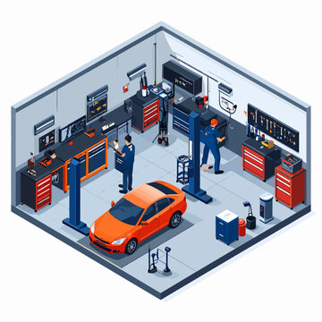 Illustration isom&eacute;trique d'un atelier de r&eacute;paration automobile avec des m&eacute;caniciens travaillant sur une voiture.