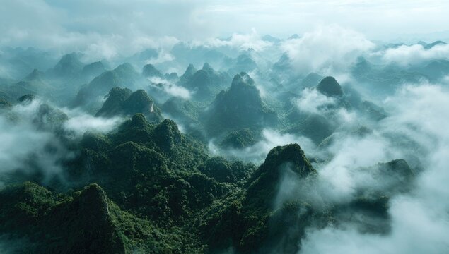 Atmospheric mountain peaks covered in heavy fog.