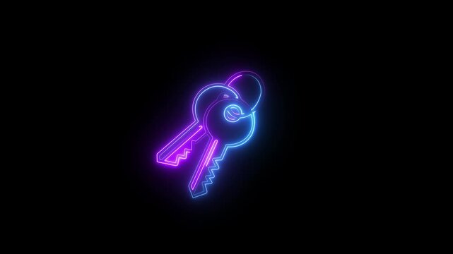 Glowing neon keys animation, real estate and security concept