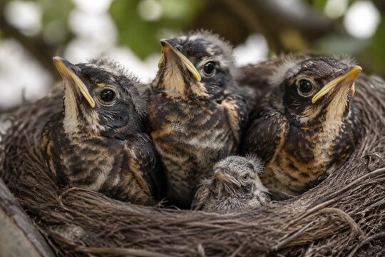 A fluffy fledgling bird in a nest, smaller than its siblings, with a soft-focus background.