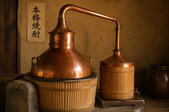 Polished copper and bamboo shochu pot still in warm rustic setting.