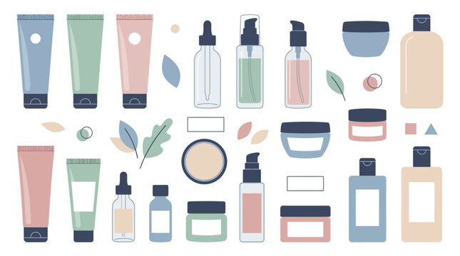 Ensemble d'illustrations vectorielles de produits cosm&eacute;tiques et de soins de la peau avec des flacons et des pots.