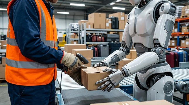 Human worker in a visibility vest using a barcode scanner on a cardboard box while a humanoid robot assists with warehouse logistics tasks