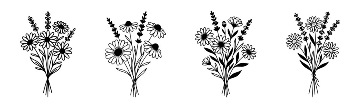 Wildflower bouquet vector collection. Hand drawn daisy and lavender floral bundles set, line art chamomile bouquets isolated elements for wedding invitation, greeting card, cosmetic packaging, tattoo 