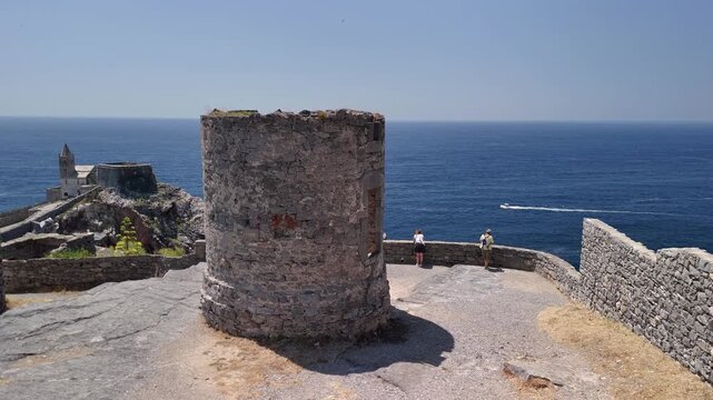 Ancient stone watchtowers in Portovenere overlooking the Ligurian Sea on rocky cliffs