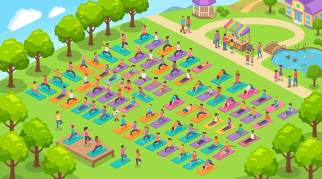 Grand groupe de personnes pratiquant le yoga en plein air dans un parc public.