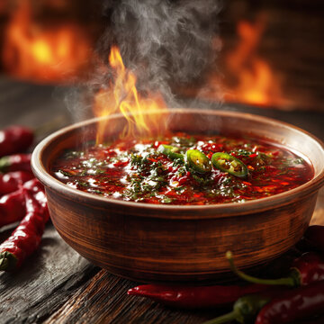 Fiery Spicy Chili Soup Close-Up &ndash; AI Generative