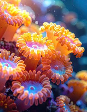 Vibrant orange coral polyps glow with bioluminescent blue and pink centers.